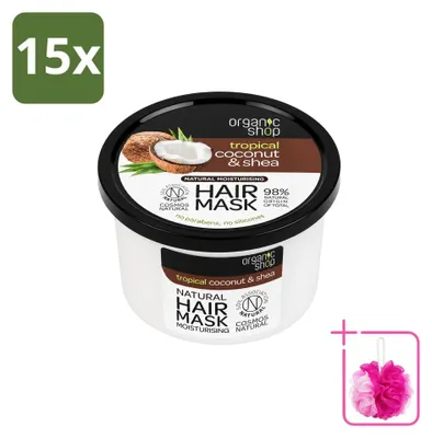 Imagen del producto de 15 mascarillas capilares orgánicas de Organic Shop, con coco y manteca de karité. Nutren y cuidan el cabello. 250 ml. Pack económico de 15 unidades