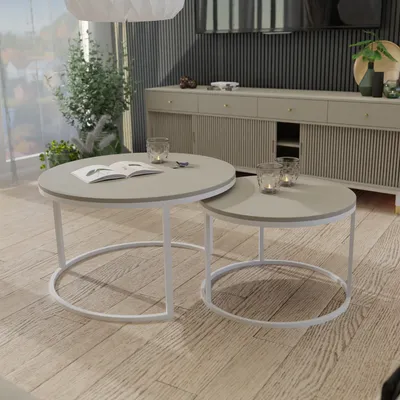 Produktbild von Idohome - Runder Couchtisch 2in1 LAVO mit Metalgestell, 70x48 cm+50x42 cm (Ø x H) Farbe: Weiß / Kaschmir