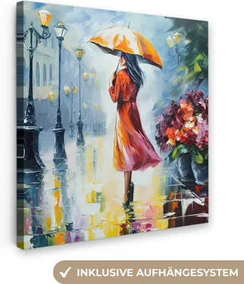 Produktbild von MuchoWow® - Leinwandbilder - Ölgemälde - Regenschirm - Frau - Straße - Kunst, Wandbild, Wanddeko Bilder Wohnzimmer, 50x50 cm