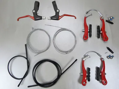 Produktbild von Aluminium V-Bremsen Set rot für MTB und City-Bike mit Bremshebel und Bremszüge