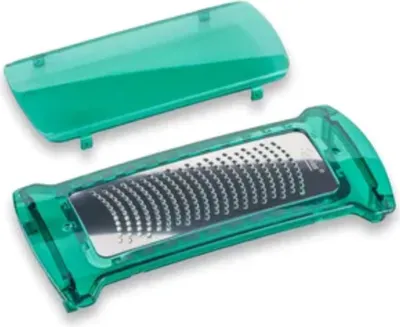 A green grater with a protective cover, shown disassembled.