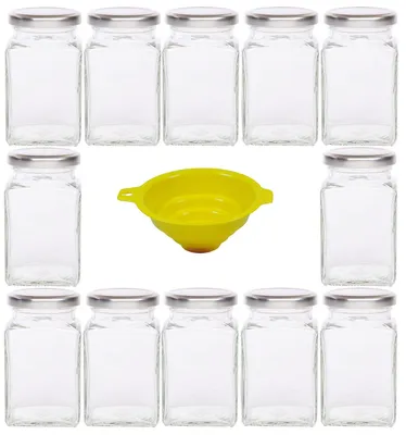 12 eckige Einmachgläser 260 ml mit Schraubverschluss und Trichter