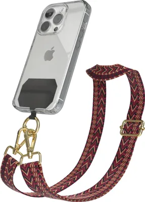 A clear shot of a phone case with a strap attached, against a white background.
