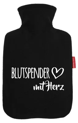 Produktbild von Huuraa Wärmflasche Blutspender mit Herz 1,8 Liter Black Classic Veloursbezug Bettflasche Geschenkidee