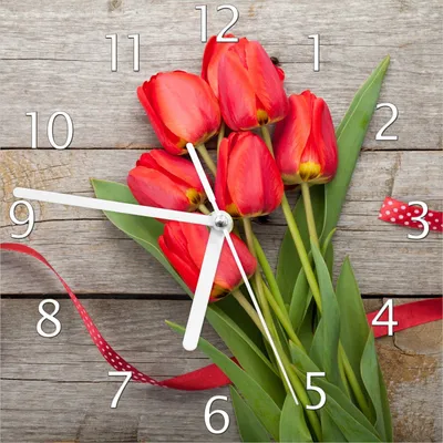 Produktbild von Wallario Design Wanduhr Rote Tulpen auf einem alten Holztisch aus Echtglas, Größe 20 x 20 cm