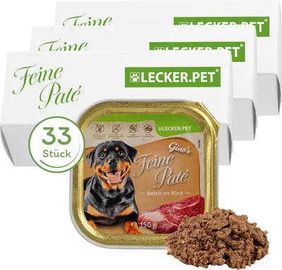 Produktbild von 33 x 150 g Lecker.Pet® Gino's Feine Paté Reich an Rind Hundefutter Nassfutter Vollnahrung