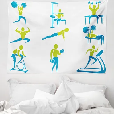 Produktbild von ABAKUHAUS Fitness Wandteppich, Gym Aktivität Ausrüstung aus Weiches Mikrofaser Stoff Waschbar ohne Verblassen Digitaldruck, 150 x 110 cm, Apfelgrün Sky Blue