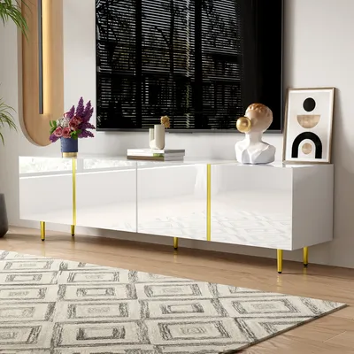 Obrázek produktu pro okwish TV stolek TV-Lowboard se 4 dvířky, 170×35×46 cm, Televizní stůl obývací skříňky vysoký lesk, Zavěšená skříň pro obývací pokoj, Bílá