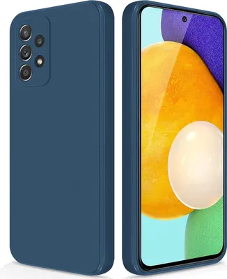 A product shot of a blue phone case shown from two angles, with the front view displaying a phone screen with a colorful abstract image.