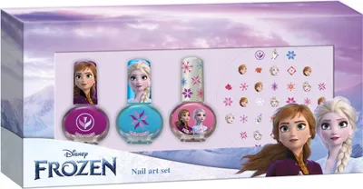 A product box for a Disney Frozen nail art set, featuring characters Anna and Elsa.