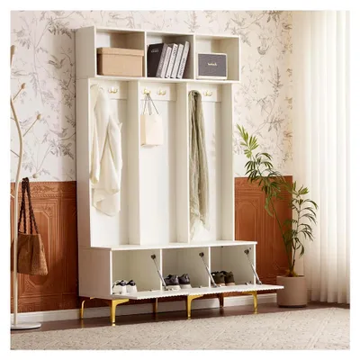 Produktbild von Wandgarderobe Set mit Bank und 6 goldenen Haken, Flurgarderobe mit offenem Staufach und 3 Türen für Flur, Wohnzimmer, 120×40×191cm (Weiß)