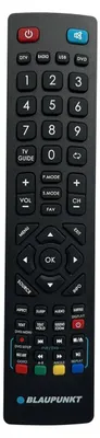 A black remote control with various buttons and labels.