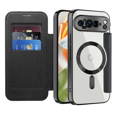 Produktbild von Klapphülle für Google Pixel 9 Pro XL Kompatibel mit Magsafe, Klar Überzug Kartenhalter Ledertasche mit Kameraschutz Schwarz