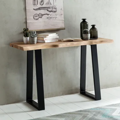 Obrázek produktu pro Masivní konzolový stolek GAYA 120 x 45 cm z masivního akáciového dřeva s přirozenými hranami a kovovými nohami; úzký designový psací stůl; stolek z masivního dřeva ve tvaru kmene; konzolový stolek