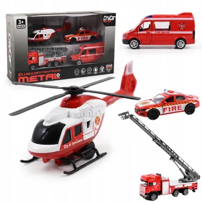 Produktbild von Feuerwehr Spielzeugauto Set 4-teilig LKW Hubschrauber Bus für Kinder ab 3 Jahren