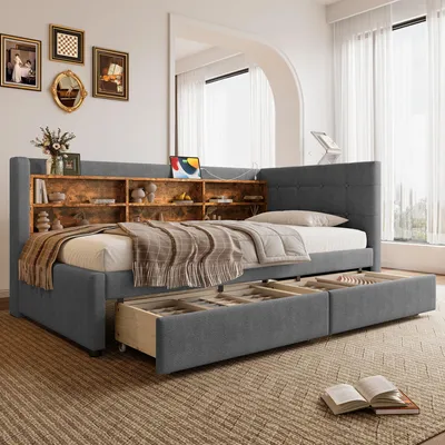 Produktbild von MODFU Schlafsofa ohne Matratze 90x200 Tagesbett mit Ablagefächern,Daybett mit 2 Schubladen und Lattenrost,Jugendbett mit USB und Typ-C,Grau