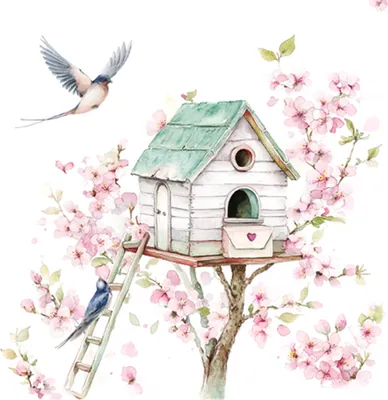 Produktbild von Servietten Papier 33x33cm 3-lag. mit Vogelhaus & Blüten Motiv 20 Stück