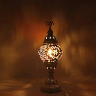 Produktbild von Turkische Mozaiklampe - Weiße Tischlampe - Marokkanische Lampe - Orientalische Lampe - Höhe 42 cm - Ø 12 cm - Handgefertigt - Bunt