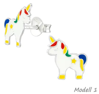 Produktbild von Kinderohrstecker „Einhorn“: 925 Silber Ohrringe bunt mit Stern Modell 1
