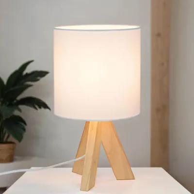 Immagine prodotto di Lampada da tavolo treppiede E14 31 cm bianco tessuto naturale legno Lampada da comodino scandinava
