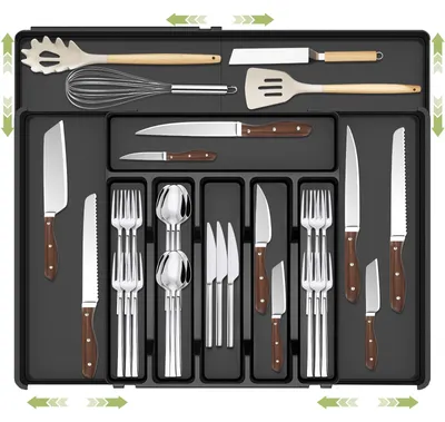 Besteckkasten, verstellbar, 30–53 cm, 9 Fächer, silber