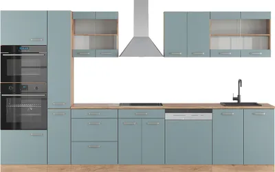 Produktbild von Küchenzeile Vicco R-Line Blau-Grau/Goldkraft Eiche 350 cm mit Hochschrank, ohne Arbeitsplatte, Model 41021
