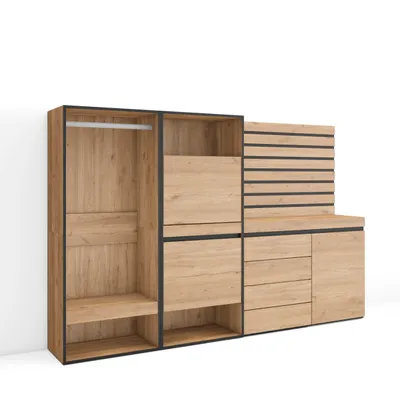 Produktbild von Schuhregal, Schuhschrank, 227x35x145 cm, Für Schlafzimmer, Offener Kleiderschrank, Kommode mit Schubladen, Lamellenwand Holz, Eiche