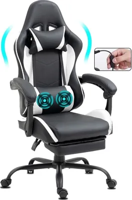 Produktbild von GEMANI Bürostuhl Gaming Stuhl Massage Gaming Sessel Ergonomischer Gamer Stuhl mit Fußstütze Kopfstütze Massage-Lendenkissen Gaming Chair Drehsessel 02-0042 Weiß