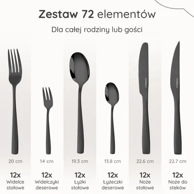 Zdjęcie produktu dla Zestaw sztućców Deleca 72 elementy dla 12 osób - Sztućce można myć w zmywarce - Noże, widelce, łyżki, noże i widelce do steków - Stal nierdzewna, kolor czarny