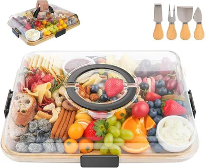 Produktbild von Küchenspielzeug ERNAN Käsebrett mit Deckel für Partys, Reisen, Servierschüssel mit Fächern, Griff für Snacks, Fleisch, Dessert, Käsebrett mit Messerse
