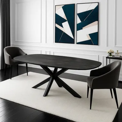 A dining room setting with an oval dining table and chairs.