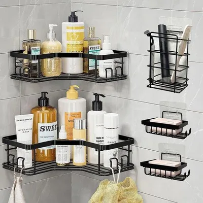 Productafbeelding van Unyqoos® Zelfklevende metalen hoekdouchehouder met 12 haken, roestbestendig, draagvermogen 18 kg – voor badkamer en keuken, zonder boren