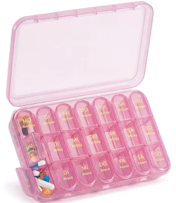 Obrázek produktu pro Krabička na tablety na 7 dní, s oddělenými přihrádkami pro ráno, poledne a večer, bez BPA, fialovo-růžová