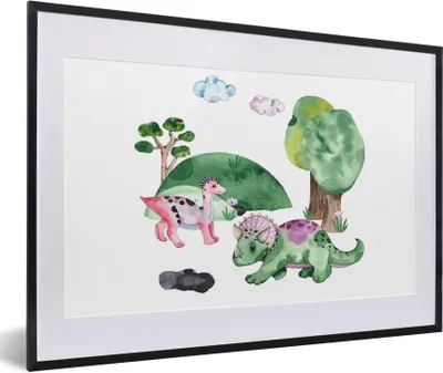Produktbild von MuchoWow® Gerahmtes Poster Kinderzimmer - Zeichnung - Dinosaurier - Jungen - Mädchen - Kinder 60x40 cm - Poster mit Schwarzem Bilderrahmen Wandposter Rahmen Foto Bilder - Schlafzimmer - Plakat in Rahmen - Drucken