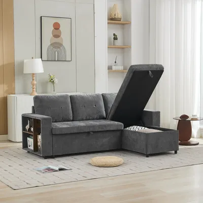 Image de Canapé d'angle avec rangement, dimensions 202x136x85 cm, espace de rangement latéral, canapé en velours, canapé convertible en forme de L pour salon, capacité de charge de 120 kg, canapé trois places, couleur gris