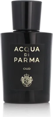 A black bottle of Acqua di Parma Oud Eau de Parfum is shown against a white background.