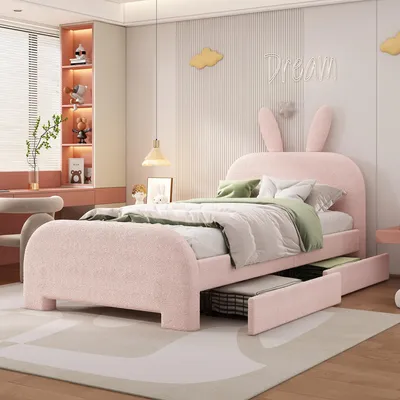 A child's bedroom with a pink bunny-themed bed, desk, and bookshelf.