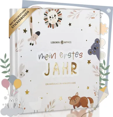 Produktbild von Lebenskompass Babyalbum Mein erstes Jahr "PURE" mit über 75 Stickern & Spruchkarte EXTRA - Ein Baby Buch zum Eintragen - Das Babytagebuch & Erinnerungsbuch für Mädchen & Jungen