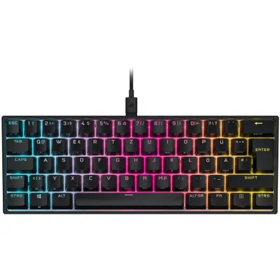 A top-down view of a gaming keyboard with RGB lighting.