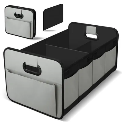 Image de Organisateur de coffre gris, pliable, avec compartiments et poignée de transport, dimensions : 58 x 37 x 32 cm