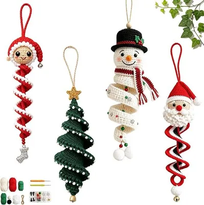 Imagen del producto de Kit de manualidades para crear un adorno de espiral con forma de muñeco de nieve, tejido a crochet, que incluye todos los materiales necesarios