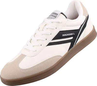 A single white sneaker with black and beige accents is shown against a white background.