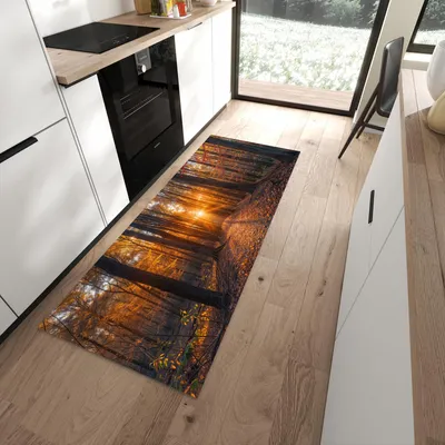Produktbild von Küchenläufer 80 x 200 cm Braun rutschfest & waschbar – Küchenteppich Sonne im Herbstwald PVC Teppichläufer Küche