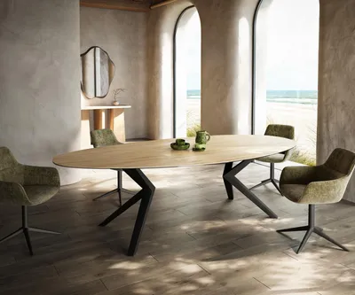 Produktbild von DELIFE Esstisch Edge Oval 280x130 Keramik Laminam® Sabbia Eichefarbig Zenthara kantig Metall Schwarz