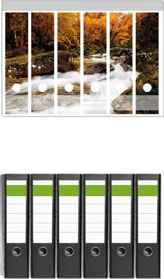 Produktbild von Wallario 6 Stück breite Ordner inkl. Klebeetiketten mit Motive Fließender Bach im Herbstwald -  Set mit Rückenschildern / Ordnerrücken Stickern