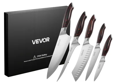 Productafbeelding van VEVOR Keukenmes set, 5-delig. Messtellen gemaakt van roestvrij staal met een hoog koolstofgehalte, duurzaam en roestbestendig. Keukenbestek met een ergonomisch en breekvast handvat voor nauwkeurig snijden