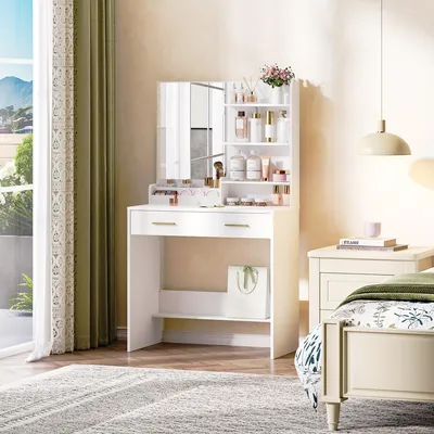 Immagine prodotto di Tavolino da trucco - Specchiera da trucco - Comodino da trucco - Tavolino da toeletta - Bianco con specchio