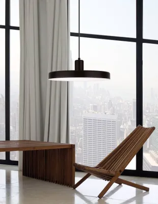 A modern interior scene with a large window overlooking a city skyline, featuring a pendant light, a wooden bench, and a wooden lounge chair.
