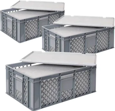 Produktbild von 3x Thermoboxen in Stapelkorb mit Deckel, LxBxH 600x400x240 mm, EPS, grau