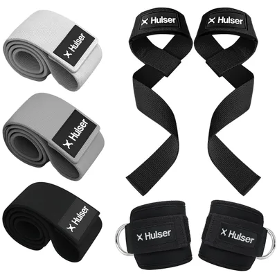 Produktbild von Hulser Sportliches Bundle – 2 Ankle Straps, 2 Lifting Straps & Widerstandsband Set – Schwarz – Fußschlaufen – Handgelenk Straps – Booty Band – Fitness